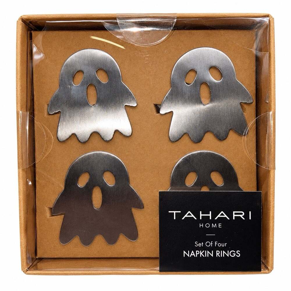 Tahari Home Ghost Halloween Silver Metal Napkin Rings Set Of Four New In Box